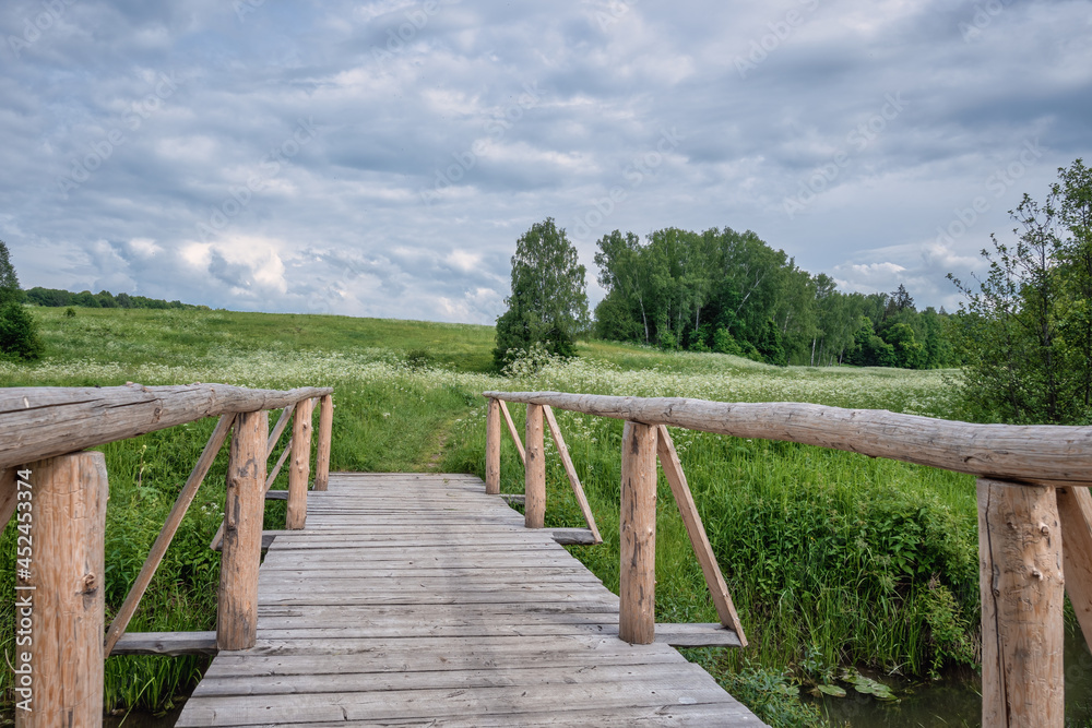 Scenic landscape with a wooden bridge across a small river and trees in the background. Rural scene against the overcast sky with clouds. The field with blooming white flowers. Recreation, travel.