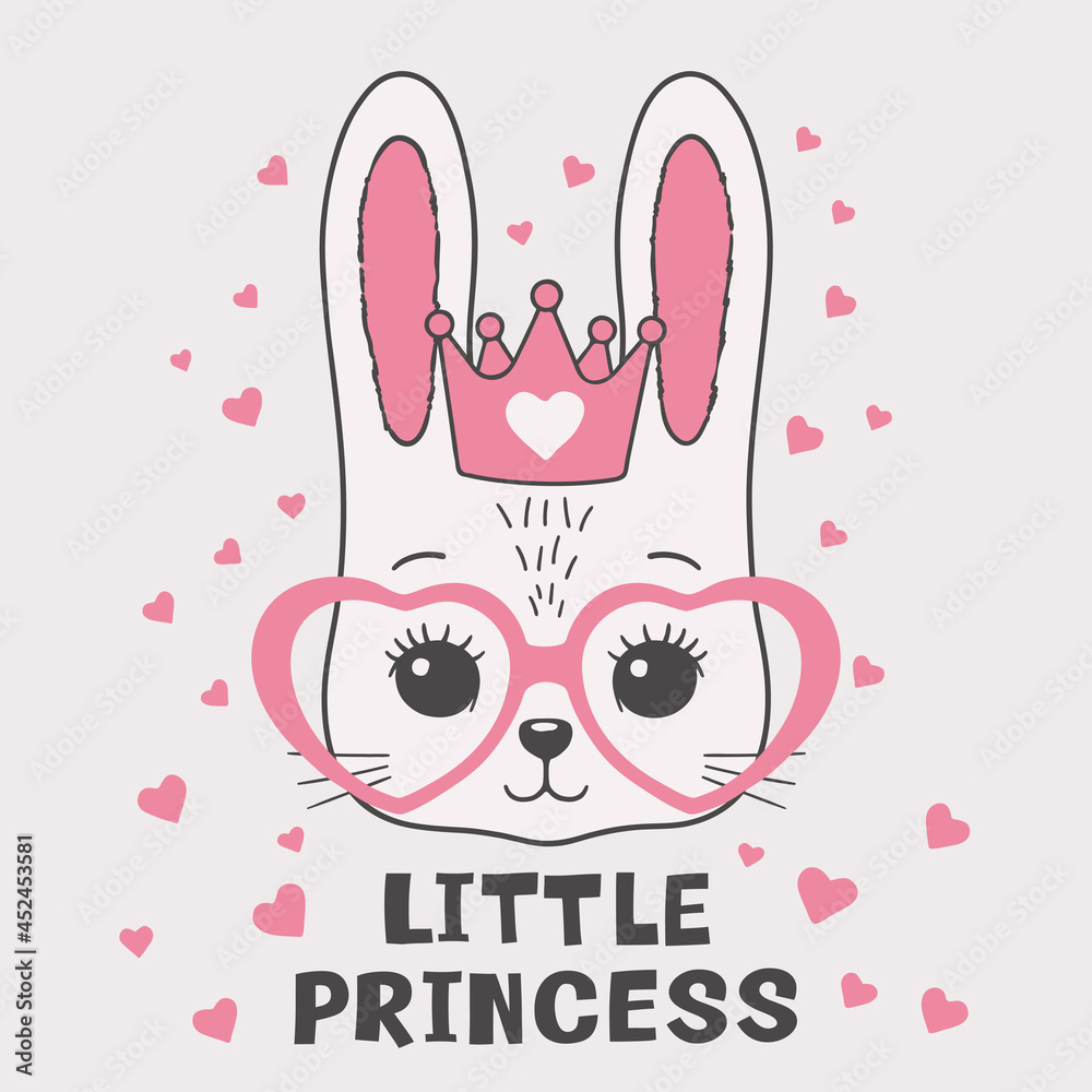 Cute little rabbit face with pink crown, heart glasses. Little Princess slogan. Vector illustration for children print design, kids t-shirt, baby wear