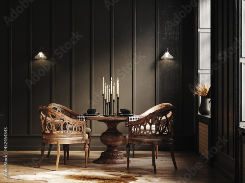 Dark vintage interior with wooden furniture, 3d render