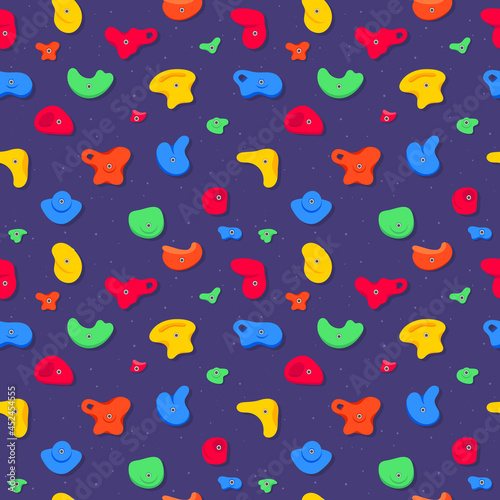 Seamless pattern of climbing grips or holds in the gym bouldering training flat style design vector illustration. Holds for the rock climbing walls. Crimps, jugs, pinches, slopers elements icon signs.