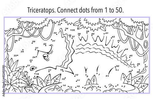 Triceratops. Dot to Dot. Connect the dots from 1 to 50. Game for kids. Vector illustration.