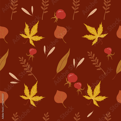 Autumnal leaves and rosehip pattern. Autumn background.