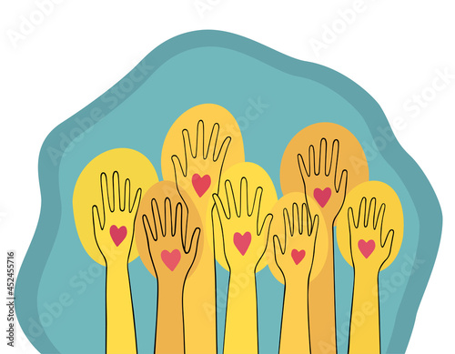 A poster with raised hands radiating light and love. The concept of awareness, awakening and association people. Printable modern wall art. Minimalist abstract design. Flat style vector illustration.