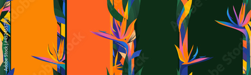 Abstract modern print with strelitzia flowers. Contemporary seamless pattern. Bright juicy colors. Fashionable template for design.