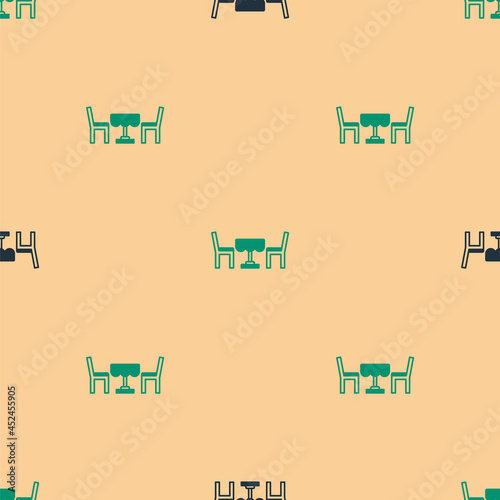 Green and black French cafe icon isolated seamless pattern on beige background. Street cafe. Table and chairs. Vector