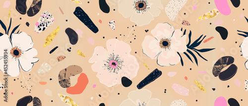 Hand drawn print with anemone flower and leopard skin. Trendy collage contemporary seamless pattern. Pastel palette.