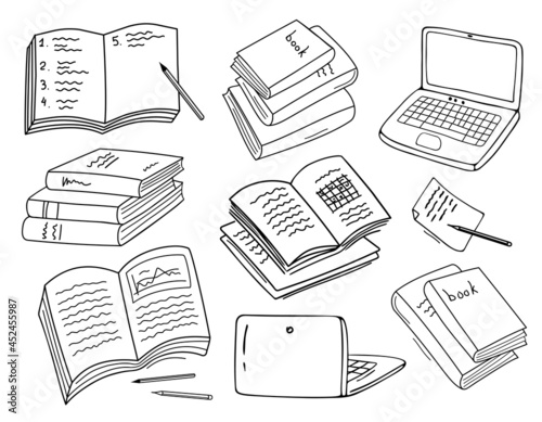 A set of stylized doodles on the subject of learning, reading, knowledge. Books, notebooks, textbooks, laptop, notes, pen and pencil. Hand-drawn vector illustration for icons, stickers and design. 
