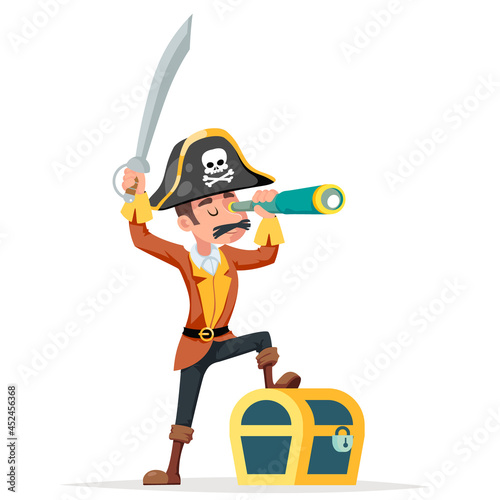 Pirate adventurer spyglass treasure chest character cartoon design vector illustration