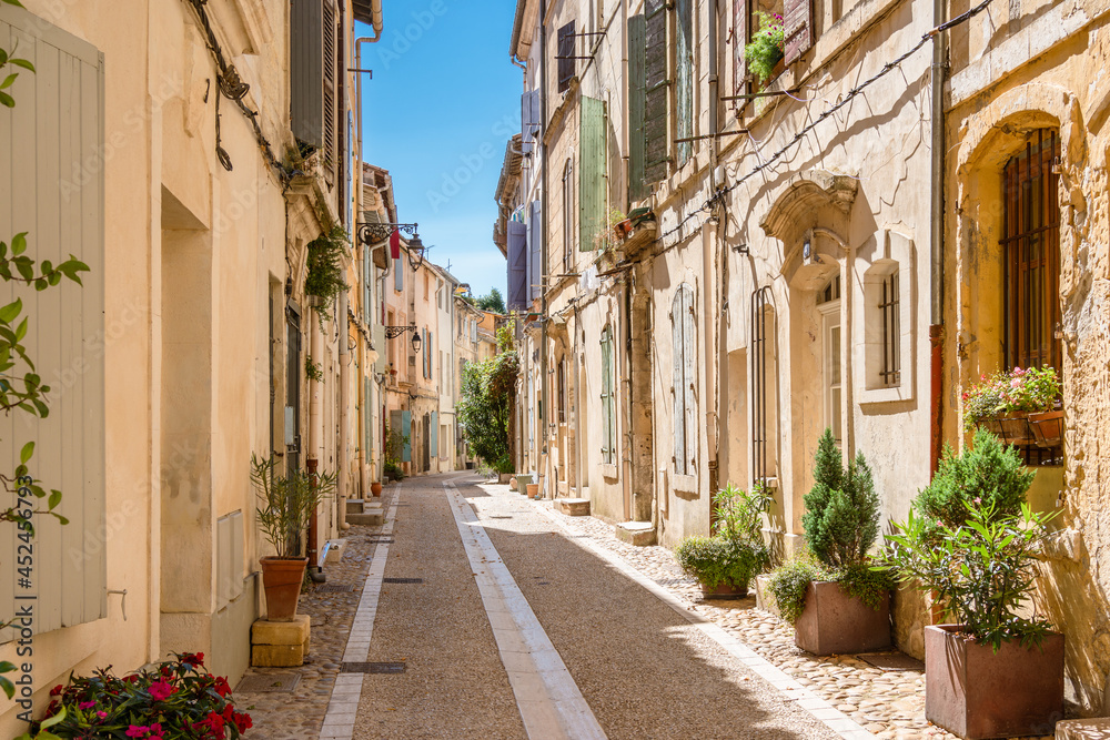 View of an idyllic street with green plants in Arles. 
