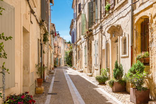 Canvas Print View of an idyllic street with green plants in Arles.