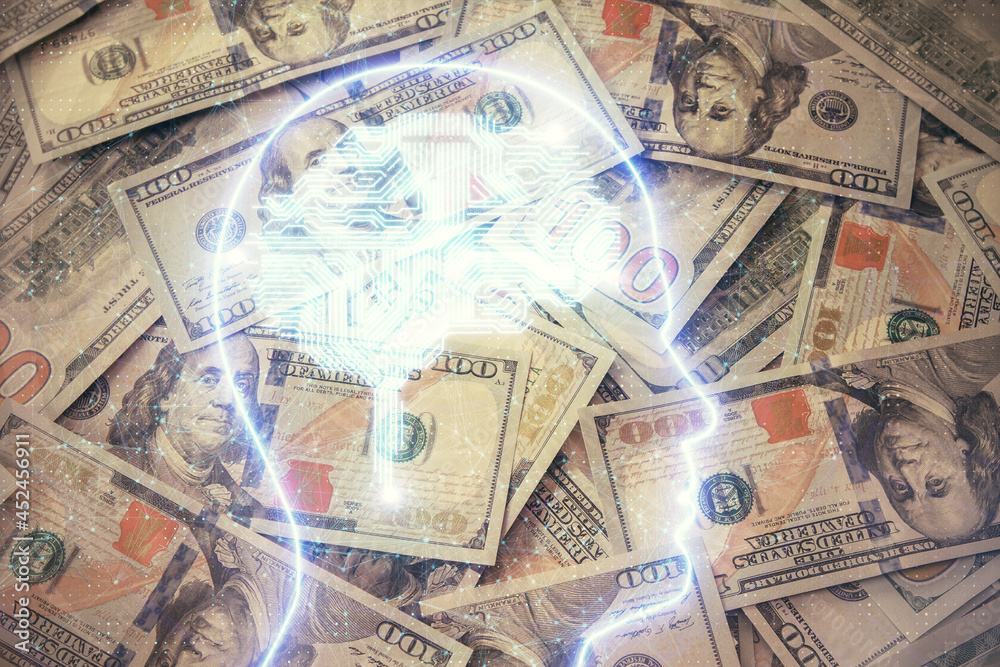 Double exposure of brain drawing over us dollars bill background. Technology concept. Double exposure of brain drawing over us dollars bill background. Technology concept.