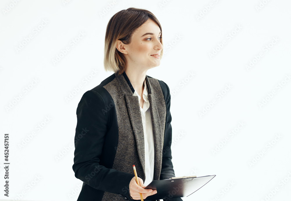 Business woman fills out document manager office work Business woman fills out document manager office work