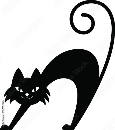 Vector black silhouette of cat. Playful or angry animal. Monochrome element for design card, poster for Halloween. Wall decor, t-shirt print, logo.