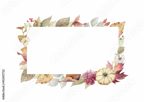 Thanksgiving vector frame colorful pumpkins with autumn leaves and flowers.