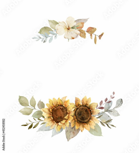 Watercolor vector autumn wreath with sunflower, leaves and branches.