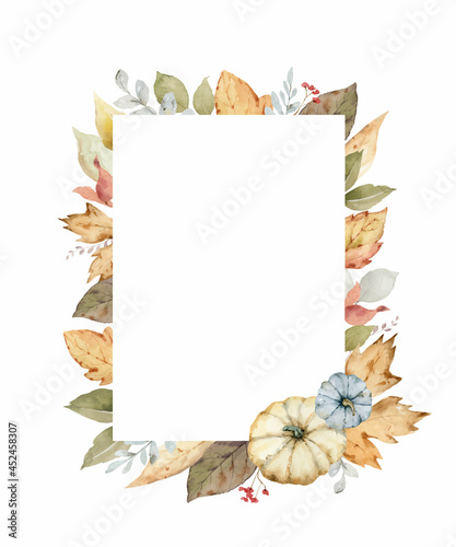 Thanksgiving vector frame colorful pumpkins with autumn leaves and flowers.