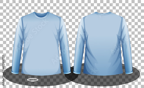 Front and back of blue long sleeves t-shirt on transparent background