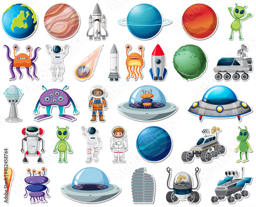 Set of stickers with Solar system objects isolated