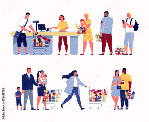 Customers line up at the supermarket checkout. Couples, families, students, businessmen, all kinds of people shop. Colored vector illustration in flat cartoon style.