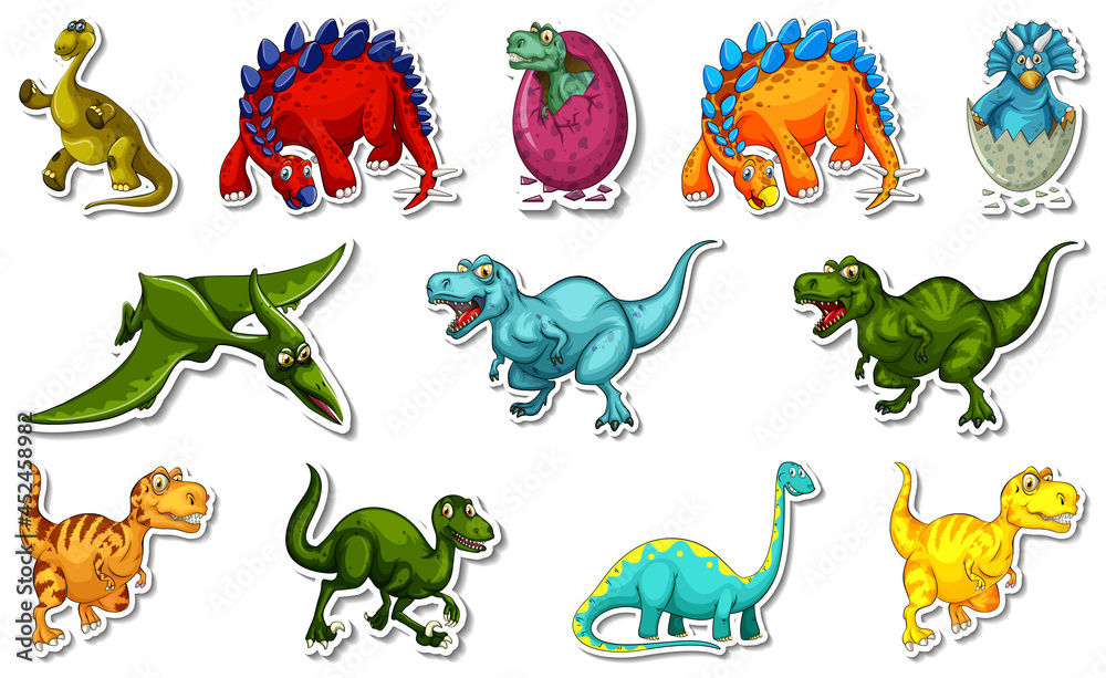 Fototapeta premium Sticker set with different types of dinosaurs cartoon characters