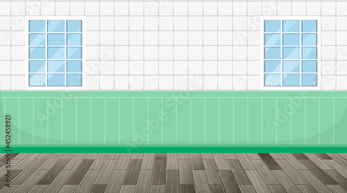 Empty room with parquet floor and white green tiles wall