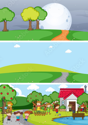 Set of different horizon scenes background with doodle kids cartoon character