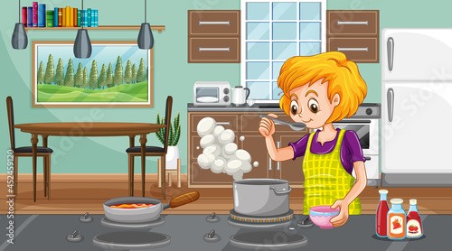 A happy woman cooking in the kitchen scene