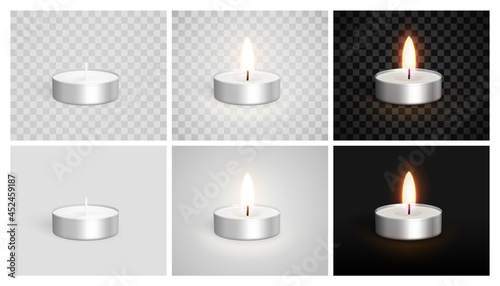 Set of realistic candles in a case. Tea lights. Unlit, Burning on a light and dark background. Candle icon set closeup isolated on a transparency grid background. Design template. Realistic 3d vector