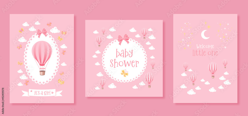 Set of pink baby shower vector invitation cards. Templates for it's a girl, baby shower, and welcome little one. 