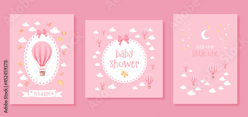 Set of pink baby shower vector invitation cards. Templates for it's a girl, baby shower, and welcome little one. 
