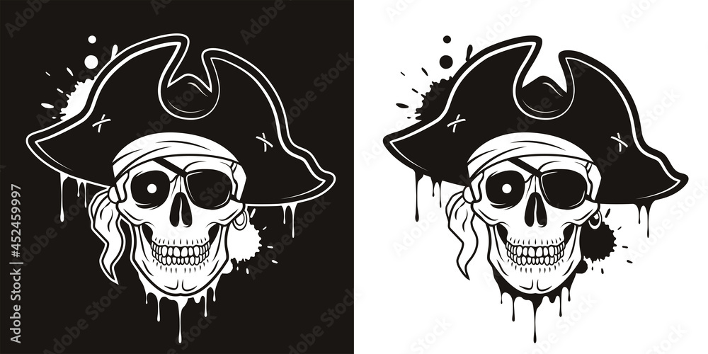 Fototapeta premium Pirate skull with eye patch, hat, bandana, glowing eye. Vector hand drawn cartoon illustration isolated on white and black background