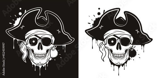 Pirate skull with eye patch, hat, bandana, glowing eye. Vector hand drawn cartoon illustration isolated on white and black background