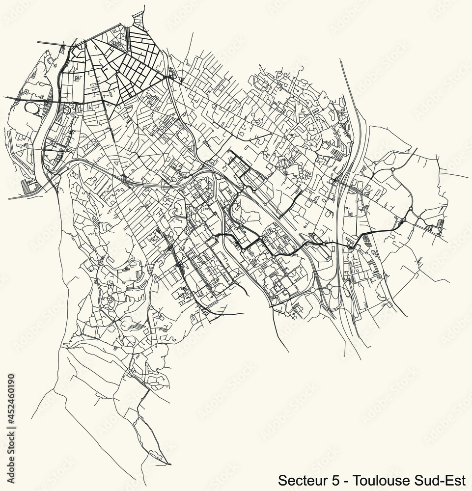 Black simple detailed street roads map on vintage beige background of the quarter Sector 5 - Toulouse Sud-Est (South East) district of Toulouse, France