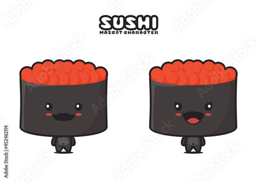 cute sushi mascot, japanese cuisine cartoon illustration and tuna fish roe