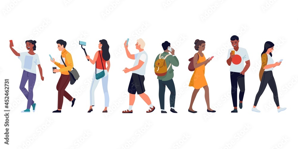 People with phones. Different ages men and women talking, taking pictures and selfie, listen music on move, social communication. Vector set People with phones. Different ages men and women talking, taking pictures and selfie, listen music on move, social communication. Vector set