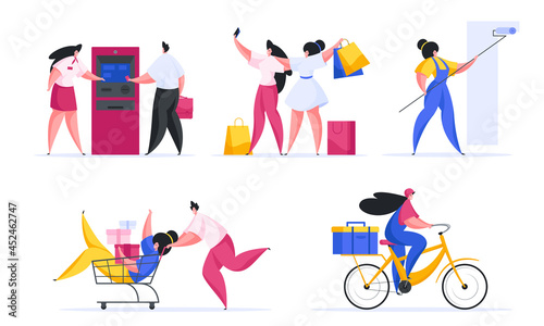 People shopping set vector flat illustration. Woman consultant shows man how pay at ATM. Two female characters take selfies with purchases in color bags. Courier girl delivers order on yellow bike.