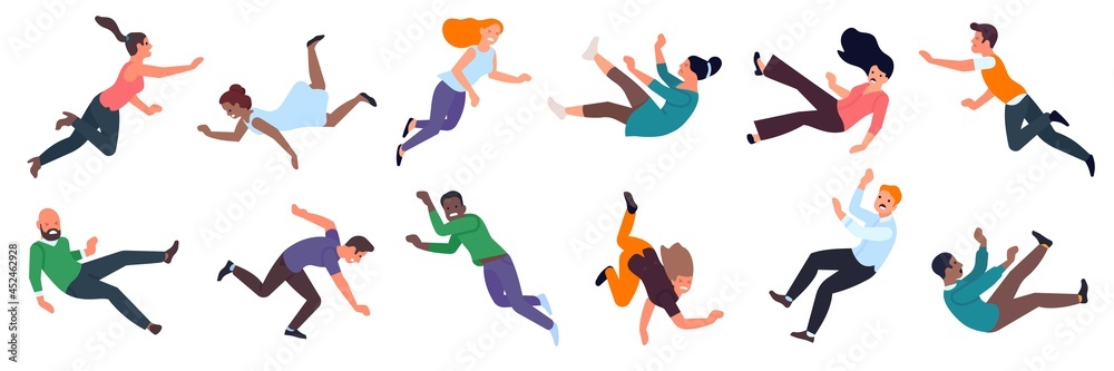 Caution falling. Injuring falling people and dangerous disorientation in space and balance loss, different ages men and women stumble or slip vector set