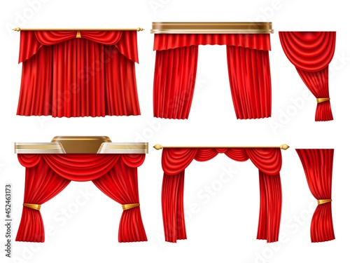 Red curtains. Realistic theatre, opera velvety fabric veils, scene textile decor, cornices and lambrequins, concert hall drapes. Vector set photo