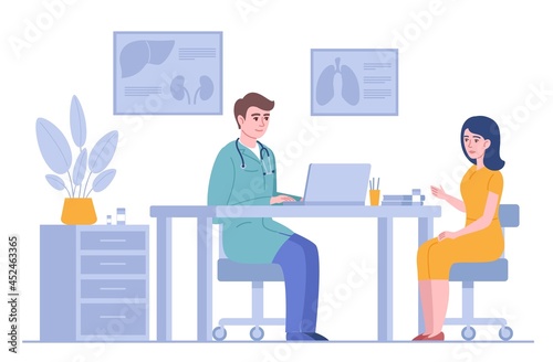Doctor consultation. Therapist with female patient in clinical office, medical examination, workplace, professional talk. Vector concept