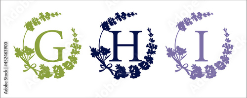 G H I letter. Set modern hand-drawn silhouette sketch illustrations. Lavender flower wreath with alphabet monogram. good idea for wedding decor. Vintage vector typographic emblem, logo, label design.