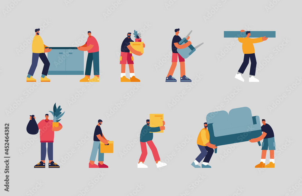 People carry furniture and things illustration set. Male characters dragging sofa and bedside table. Man holds box with things potted flower. Guy carries board and bag with garbage vector flat. People carry furniture and things illustration set. Male characters dragging sofa and bedside table. Man holds box with things potted flower. Guy carries board and bag with garbage vector flat.