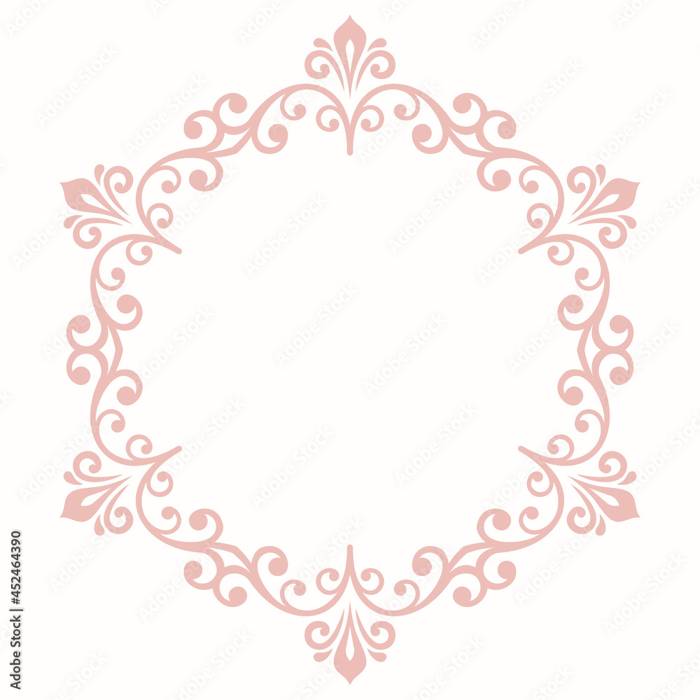 Oriental vector round pink frame with arabesques and floral elements. Floral border with vintage pattern. Greeting card with place for text