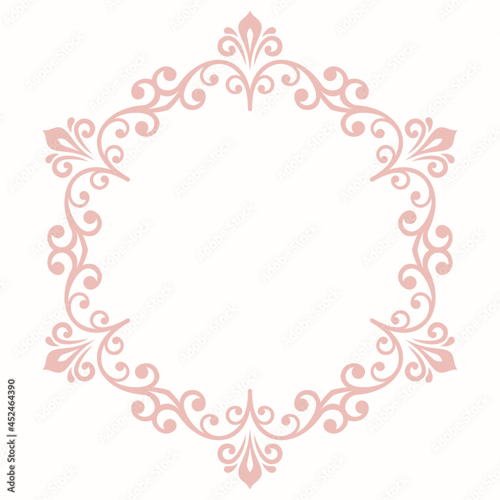 Oriental vector round pink frame with arabesques and floral elements. Floral border with vintage pattern. Greeting card with place for text Oriental vector round pink frame with arabesques and floral elements. Floral border with vintage pattern. Greeting card with place for text