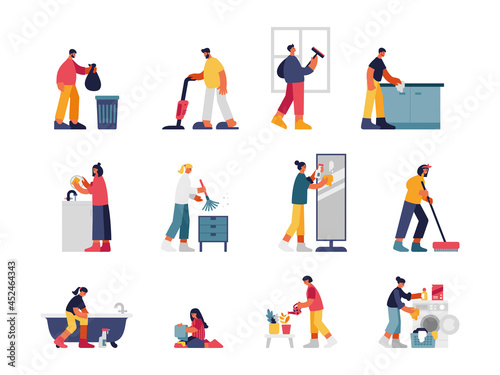 People cleaning house illustration set. Male character vacuums and takes out trash in bag. Woman wipes off dust and washes mirror. Girl cleans bath and puts things in washing machine vector flat.