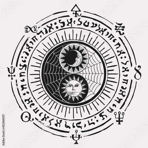 Hand-drawn yin yang symbol with sun, moon, cobweb and magic signs, written in a circle. Vector sign of harmony, balance, feng shui, zen, yoga, day and night with stylized moon and sun with human face