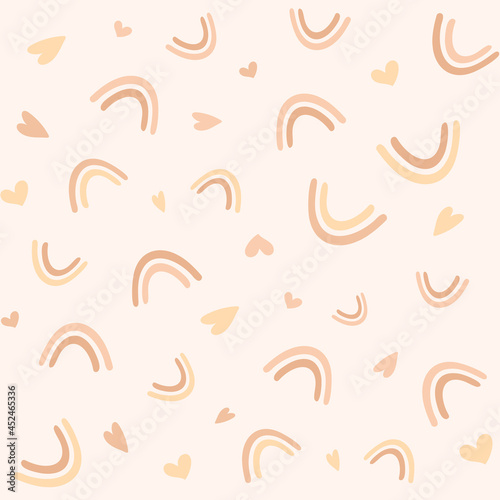 Seamless pattern with rainbow and hearts on beige background. Eco toys, kids and nursery print. Background with hand drawn elements in natural brown and yellow pastel colors.