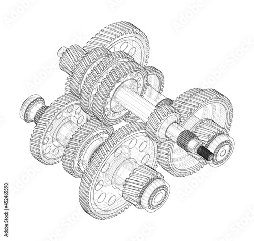 Gearbox sketch. Vector rendering of 3d