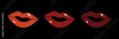 Set, collection of female’s lips icons with different lipstick colors on black background.