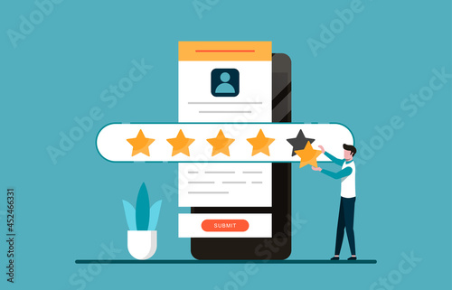 Customer experience and satisfaction concept. A man giving five stars for feedback illustration.