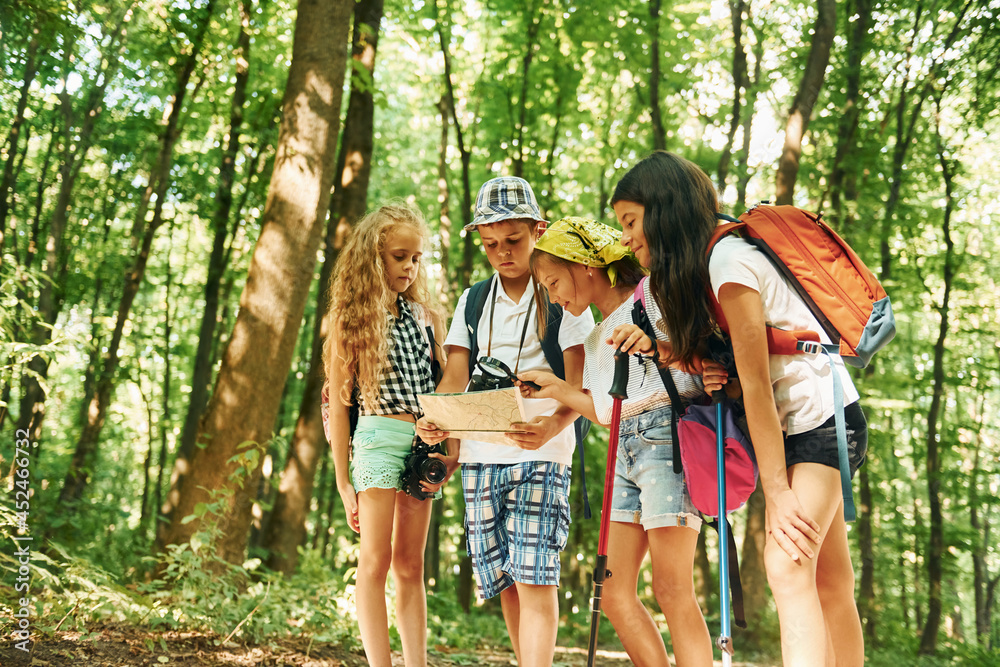 Summertime weekend. Kids strolling in the forest with travel equipment - obrazy, fototapety, plakaty 